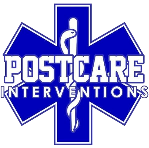 A blue and white logo of the letters postcare interventions.