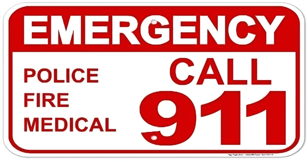 A red and white sign with the words " emergency 9 1 1 " written on it.